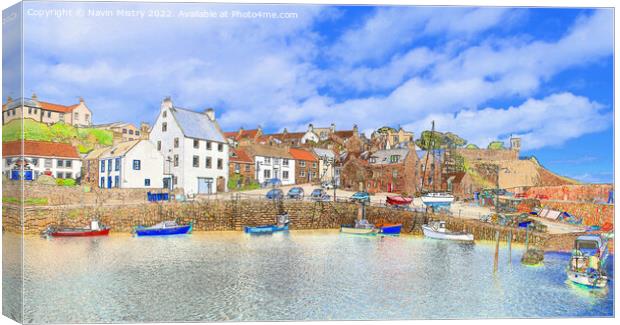 A view of Crail Harbour Water Colour Canvas Print by Navin Mistry