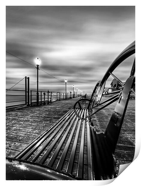 Pier bench at Southend on sea pier  Print by johnny weaver