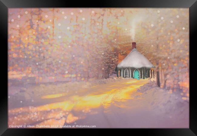Snowy Woodland Cottage Framed Print by Alison Chambers