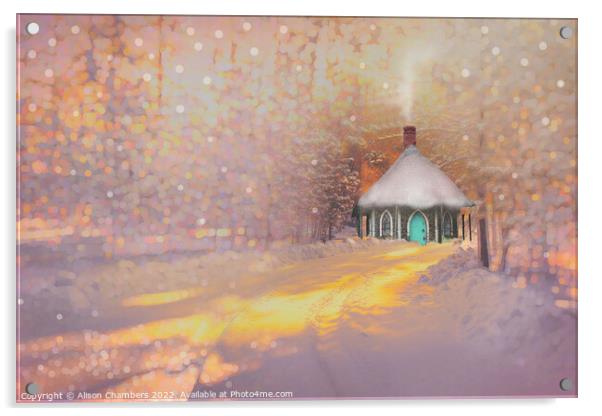 Snowy Woodland Cottage Acrylic by Alison Chambers