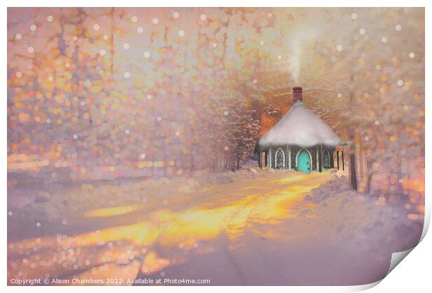 Snowy Woodland Cottage Print by Alison Chambers