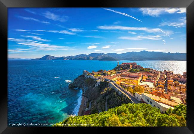 Elba island, Portoferraio aerial view. Lighthouse and fort Framed Print by Stefano Orazzini