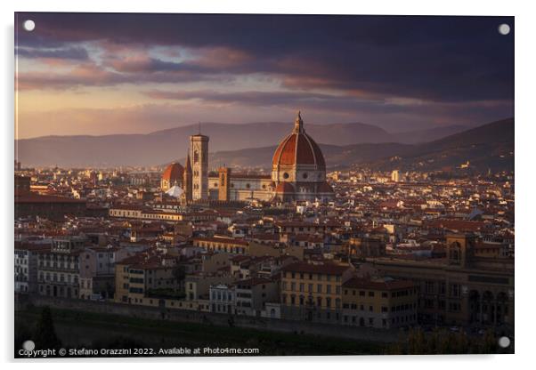 Florence, Duomo Cathedral landmark. Sunset view. Acrylic by Stefano Orazzini
