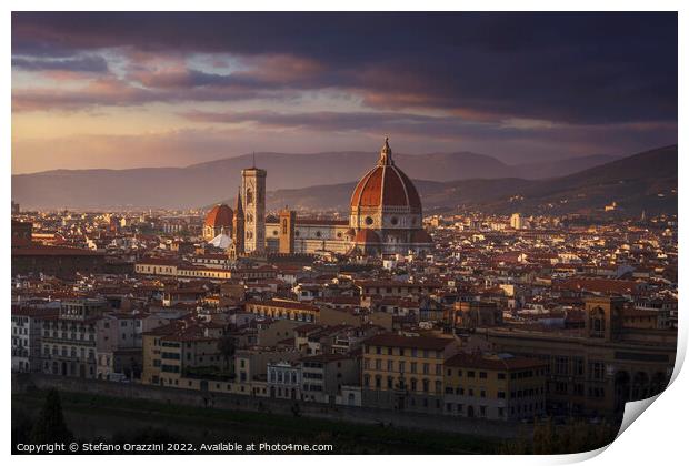 Florence, Duomo Cathedral landmark. Sunset view. Print by Stefano Orazzini