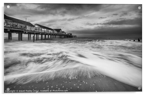 Southwold Pier Winter Dawn Monochrome Acrylic by David Powley