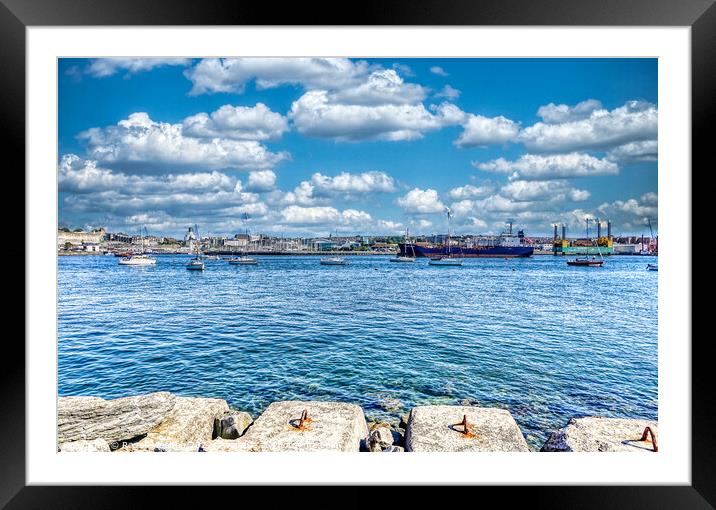 Cityscape with Coastal Tanker Framed Mounted Print by Roger Mechan