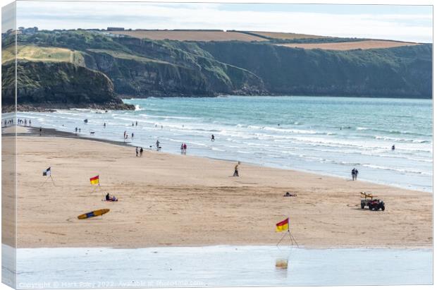 Safe Bathing at Broad Haven Beach, Pembrokeshire,  Canvas Print by Mark Poley