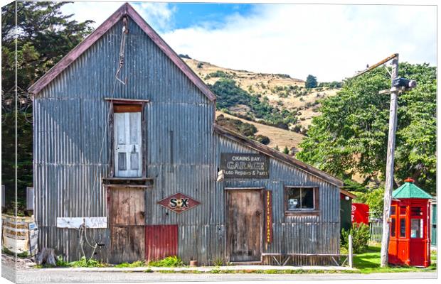 Old Okains Bay garage and auto repair shop Canvas Print by Kevin Hellon