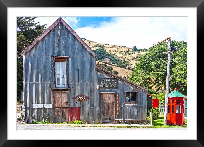 Old Okains Bay garage and auto repair shop Framed Mounted Print by Kevin Hellon