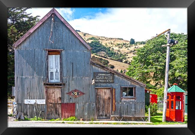 Old Okains Bay garage and auto repair shop Framed Print by Kevin Hellon