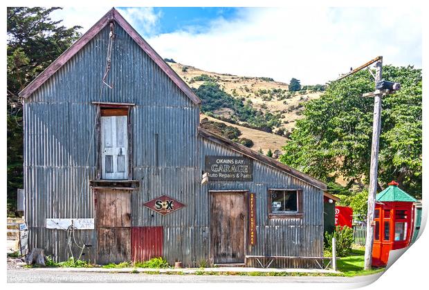 Old Okains Bay garage and auto repair shop Print by Kevin Hellon