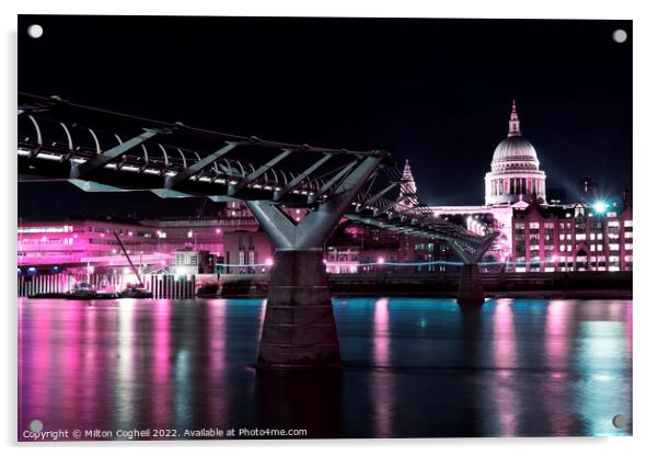 St Paul`s Cathedral and the Millennium Bridge at night Acrylic by Milton Cogheil