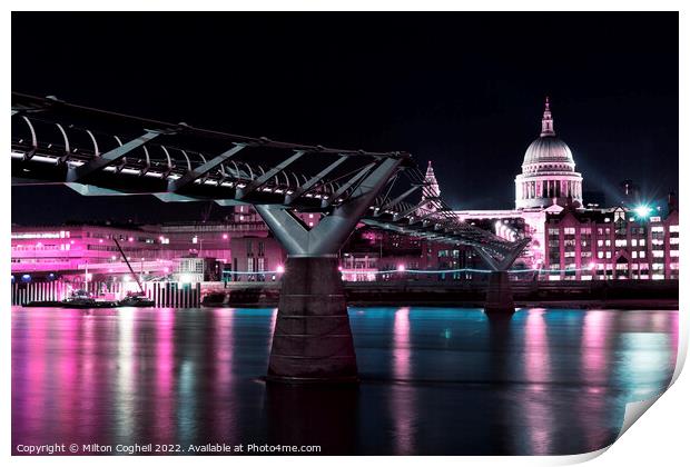 St Paul`s Cathedral and the Millennium Bridge at night Print by Milton Cogheil