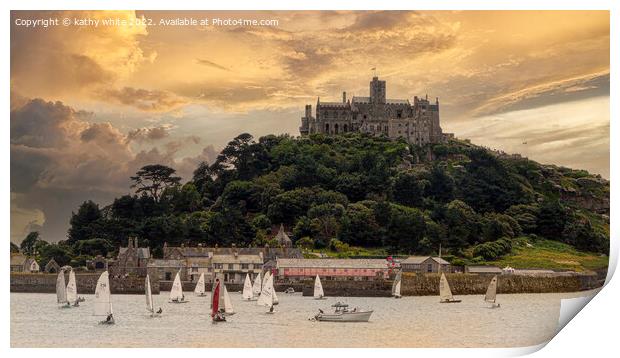 sailing at St Michaels Mount Print by kathy white