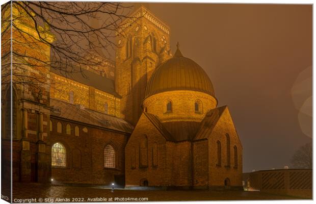 The illuminated Roskilde Cathedral a misty night  Canvas Print by Stig Alenäs
