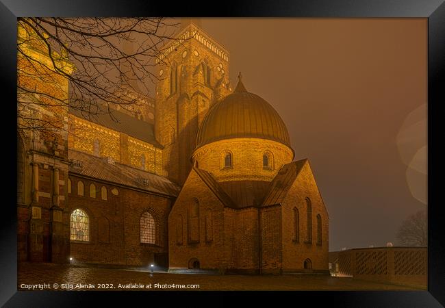 The illuminated Roskilde Cathedral a misty night  Framed Print by Stig Alenäs