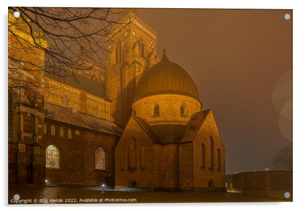 The illuminated Roskilde Cathedral a misty night  Acrylic by Stig Alenäs