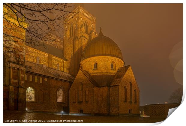 The illuminated Roskilde Cathedral a misty night  Print by Stig Alenäs
