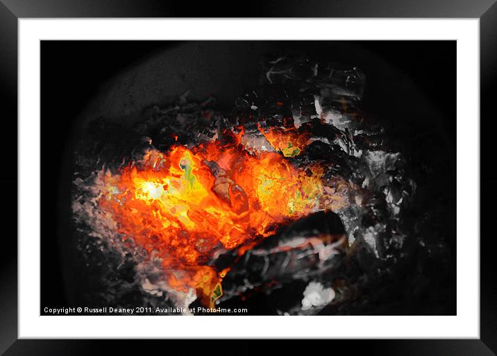 Black and White Smoldering Fire Framed Mounted Print by Russell Deaney