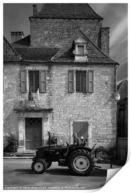 Domme, town Hall and tractor Print by Chris Rose