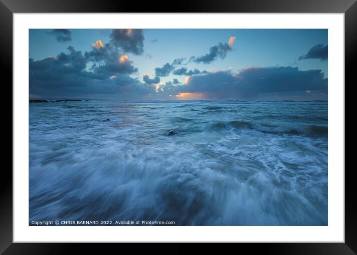 Crashing waves at Sandymouth Bay in North Cornwall at sunset Framed Mounted Print by CHRIS BARNARD