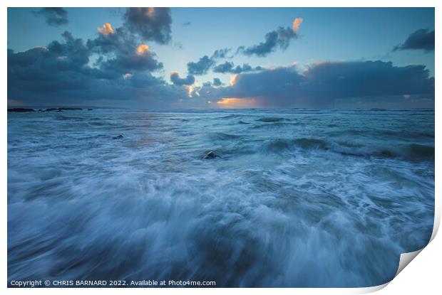 Crashing waves at Sandymouth Bay in North Cornwall at sunset Print by CHRIS BARNARD