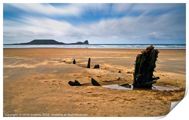 The wreck of the Helvetia and Worm's Head Print by Chris Drabble