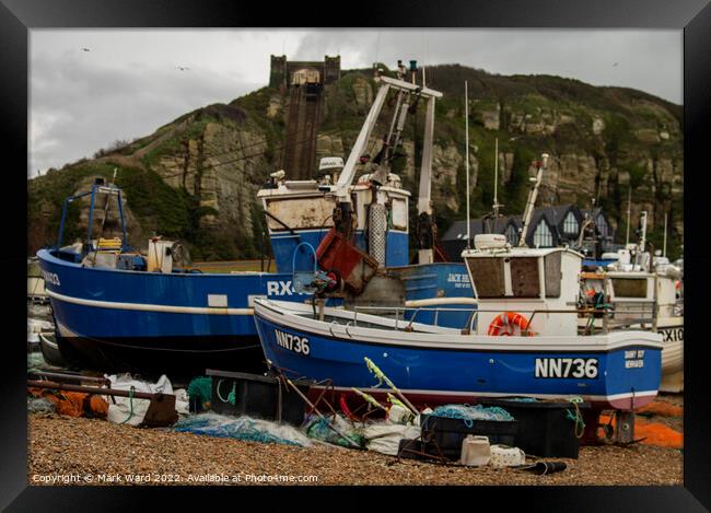 Fishing Boats on the Stade Beach in Hastings. Framed Print by Mark Ward