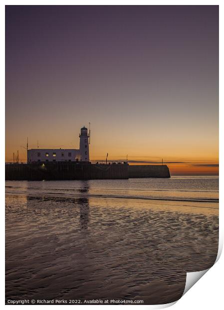 Scarborough Lighthouse at dawn Print by Richard Perks