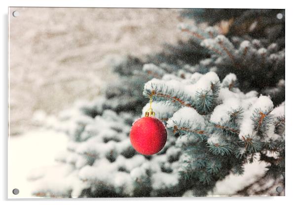 Red ball ornament on outdoor blue spruce tree during snow storm Acrylic by Thomas Baker