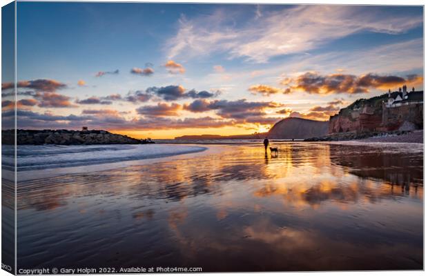 Dog walker at sunset on Sidmouth Beach Canvas Print by Gary Holpin