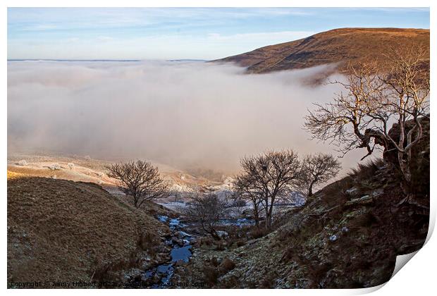 Freezing fog above Storey Arms with Pen Y Fan in the distance Print by Jenny Hibbert
