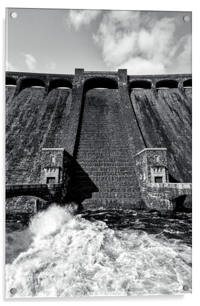 The Claerwen Dam, Elan Valley, monochrome Acrylic by Gordon Maclaren