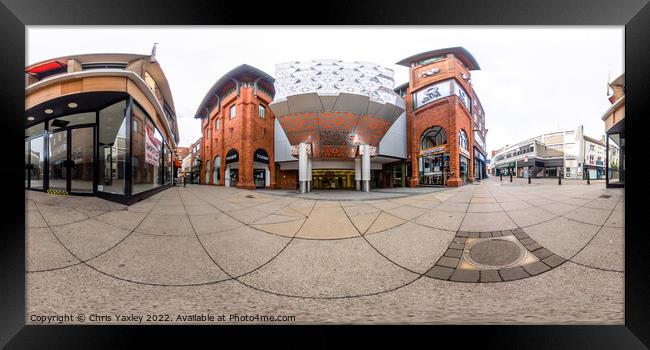  360 panorama captured outside the Castle Quarter in the city of Norwich Framed Print by Chris Yaxley