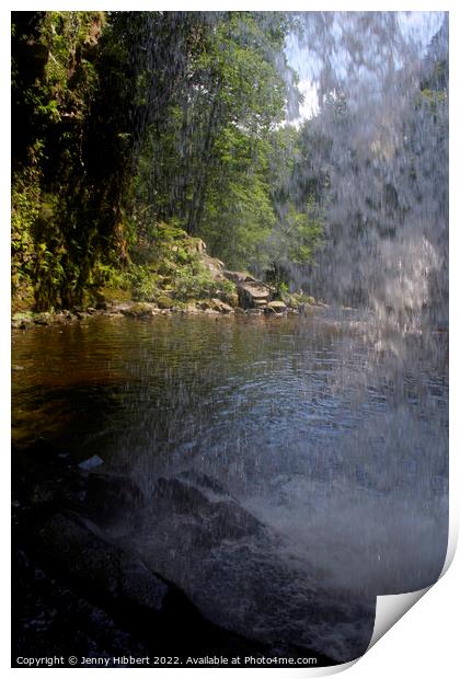 Looking out from behind Sgwd Gwladys waterfall Pontneddfechan Print by Jenny Hibbert