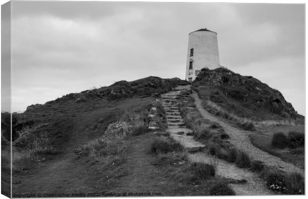 Monochrome Twr Mawr lighthouse Canvas Print by Christopher Keeley