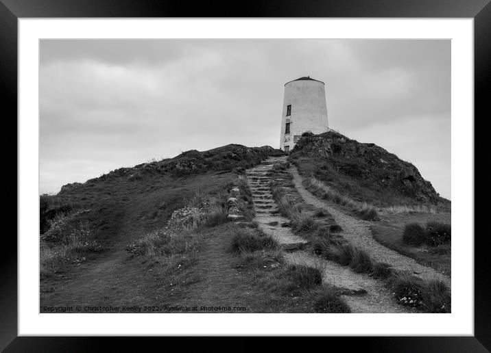 Monochrome Twr Mawr lighthouse Framed Mounted Print by Christopher Keeley