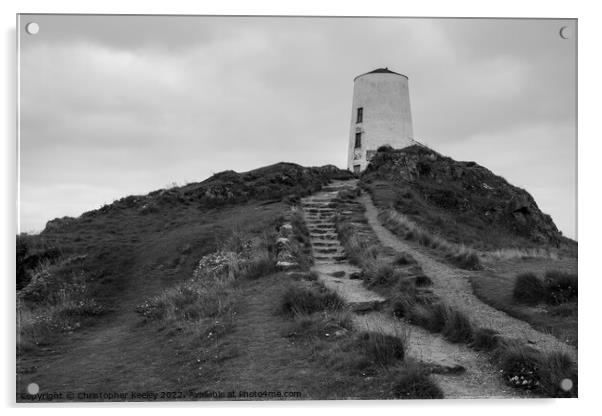 Monochrome Twr Mawr lighthouse Acrylic by Christopher Keeley