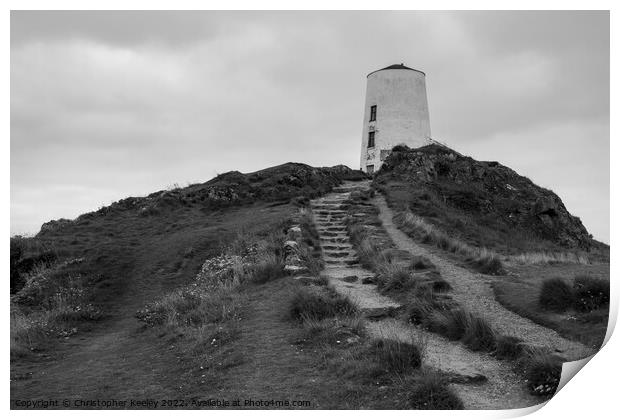 Monochrome Twr Mawr lighthouse Print by Christopher Keeley