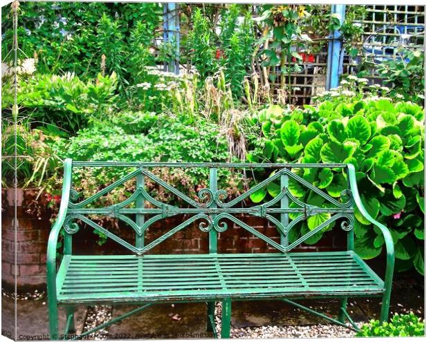 Green Wrought Iron Bench Canvas Print by Stephanie Moore