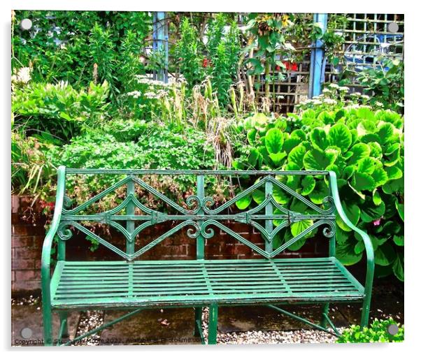 Green Wrought Iron Bench Acrylic by Stephanie Moore