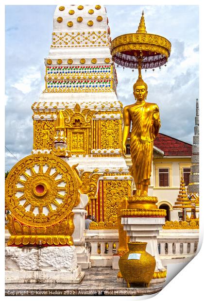 Buddha image and spire, Wat Phra That Phanom Print by Kevin Hellon
