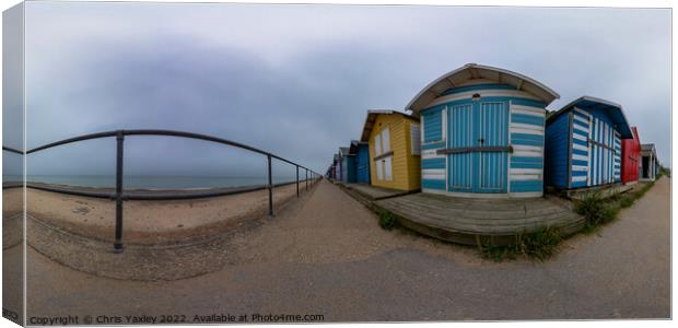 360 panorama of traditional beach huts on Cromer promenade, North Norfolk coast Canvas Print by Chris Yaxley
