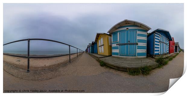  360 panorama of traditional beach huts on Cromer promenade, North Norfolk coast Print by Chris Yaxley