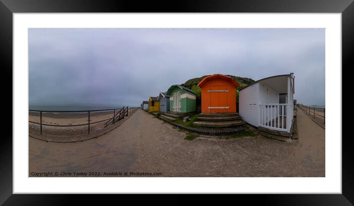 360 panorama of traditional beach huts on Cromer promenade, North Norfolk coast Framed Mounted Print by Chris Yaxley