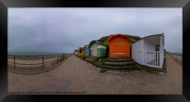 360 panorama of traditional beach huts on Cromer promenade, North Norfolk coast Framed Print by Chris Yaxley