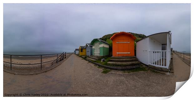 360 panorama of traditional beach huts on Cromer promenade, North Norfolk coast Print by Chris Yaxley