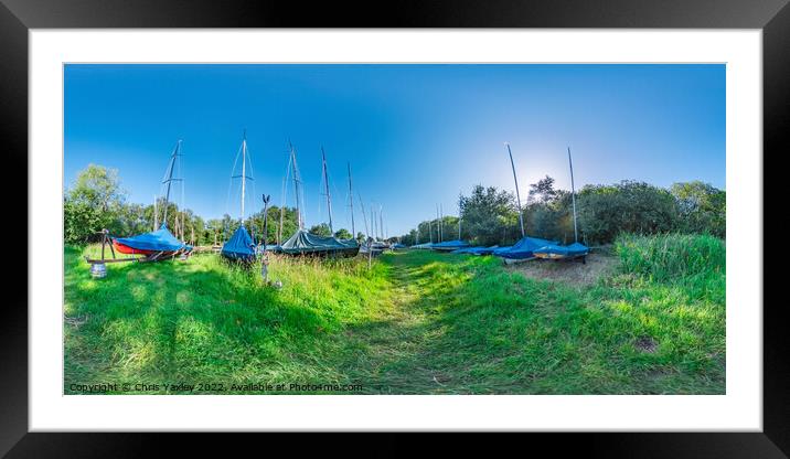  360 panorama of punts on the river bank, Norfolk Broads Framed Mounted Print by Chris Yaxley