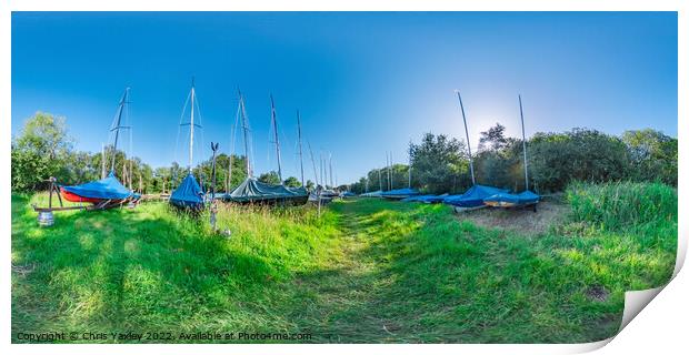  360 panorama of punts on the river bank, Norfolk Broads Print by Chris Yaxley