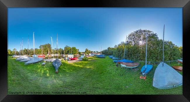 360 panorama of punts on the river bank, Norfolk Broads Framed Print by Chris Yaxley